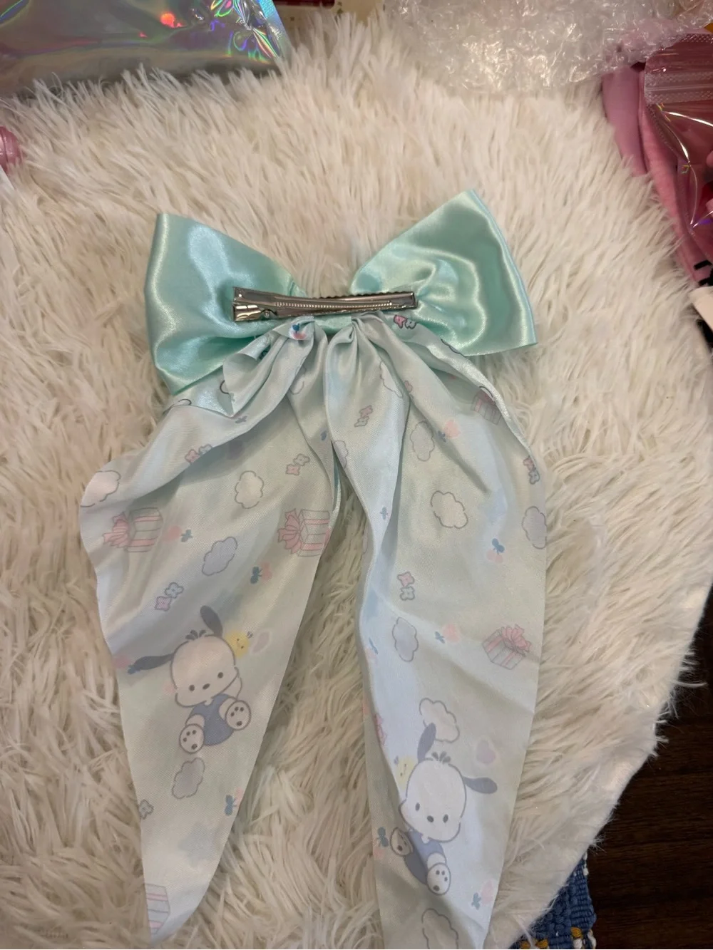 Pochacco Satin coquette Bow Hair pin in Light Aqua with Cute Character Print